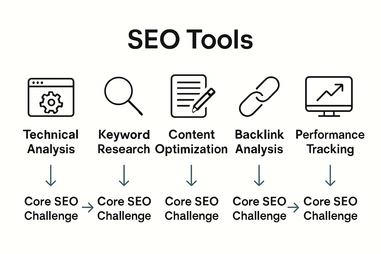 Infographic comparing main SEO tool categories with icons and core functions