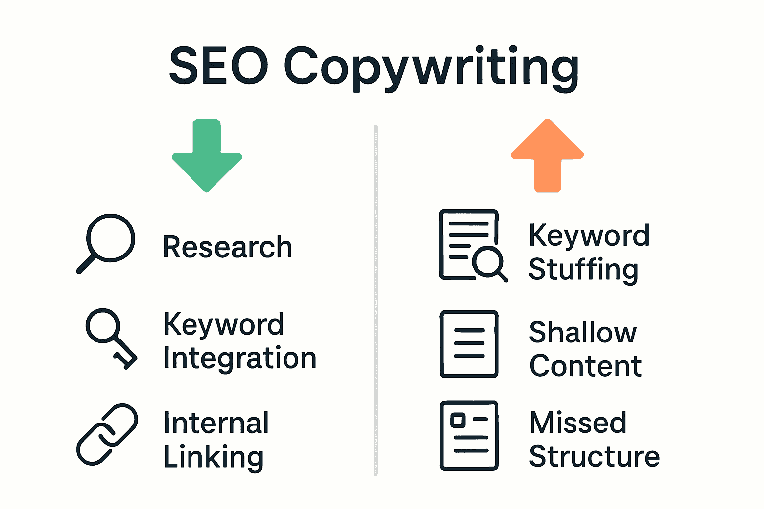 Infographic comparing effective SEO copywriting strategies and common mistakes