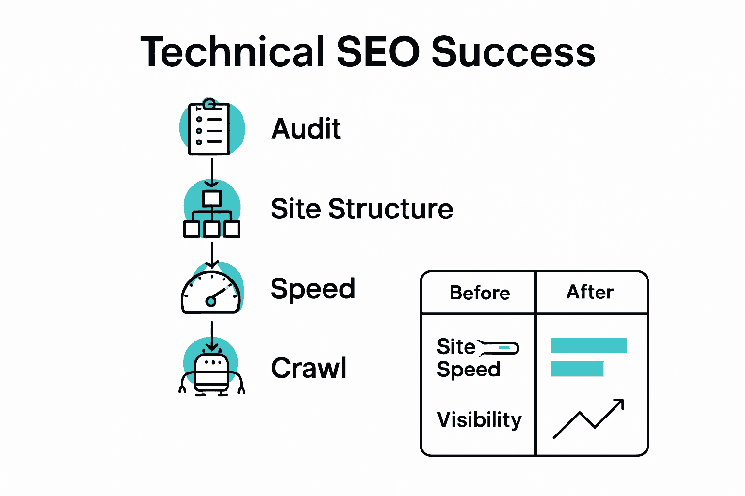 Infographic summarizing 5 key technical SEO steps with icons for audit, structure, speed, indexing, and reporting.