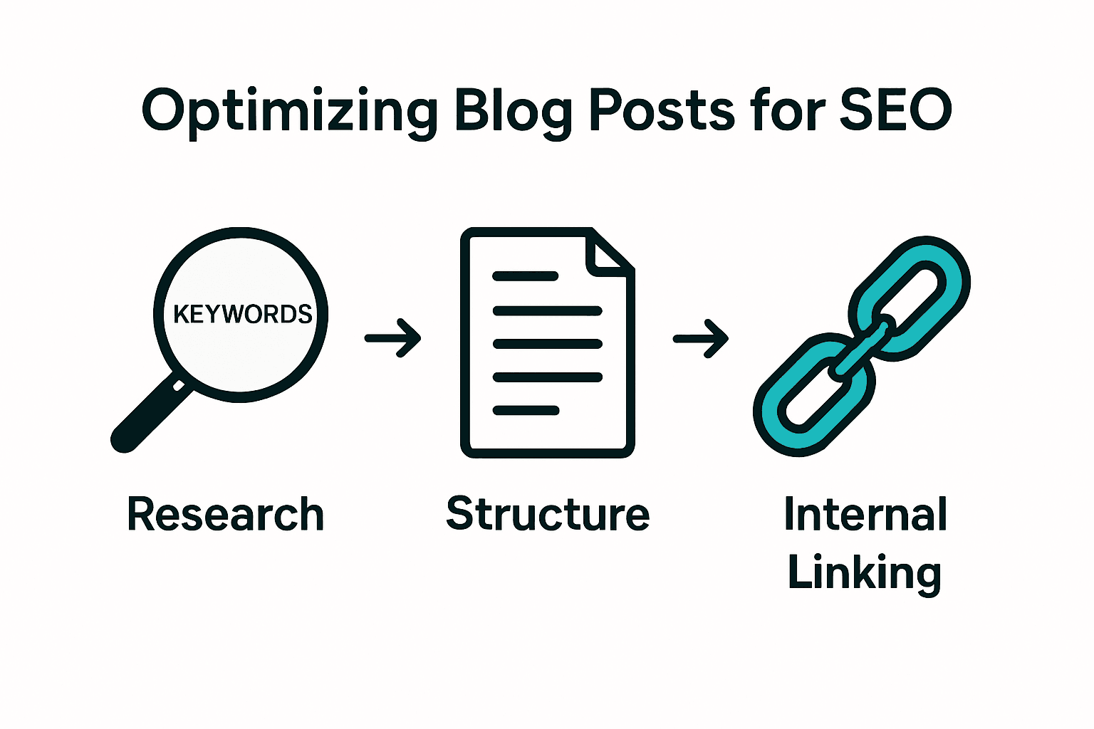 Infographic showing blog SEO steps: research, structure, internal linking
