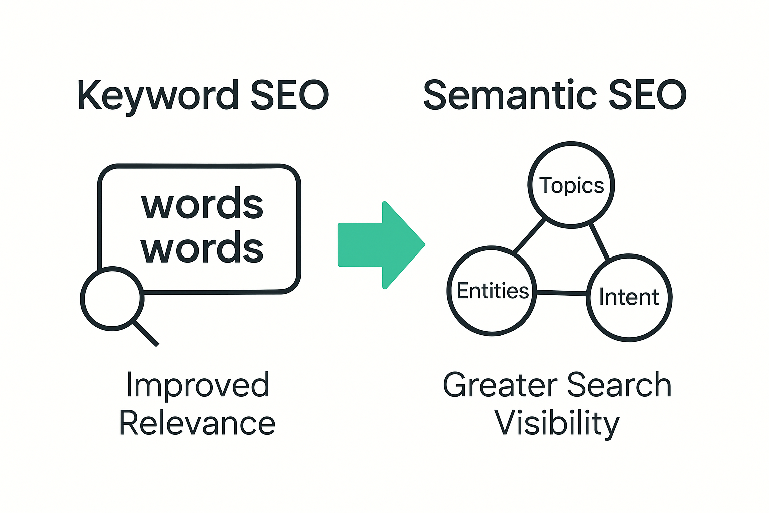 Infographic comparing traditional SEO vs semantic SEO with icons for keywords and interconnected topics.