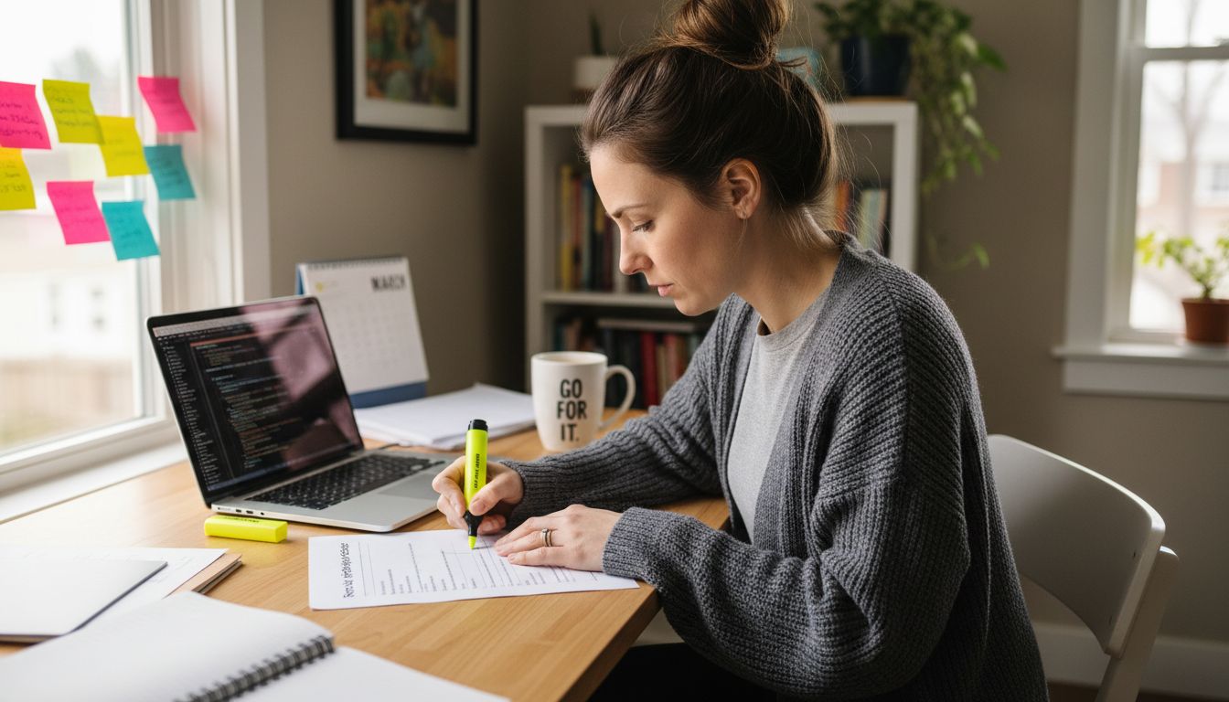 Woman analyzing algorithm factors printout at desk