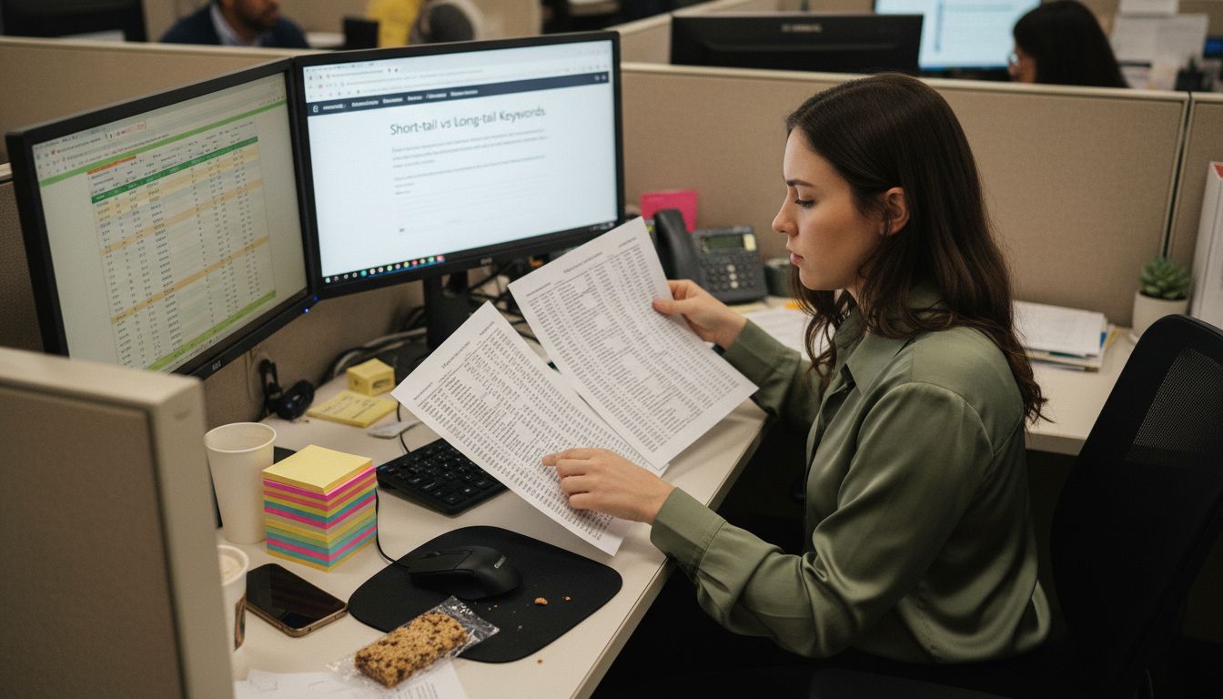 Marketer comparing keyword categories at desk