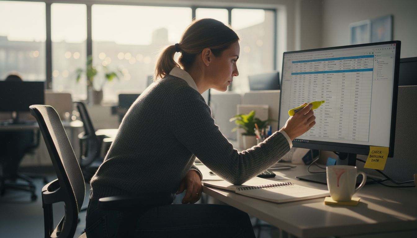 Marketer reviewing SEO tools spreadsheet