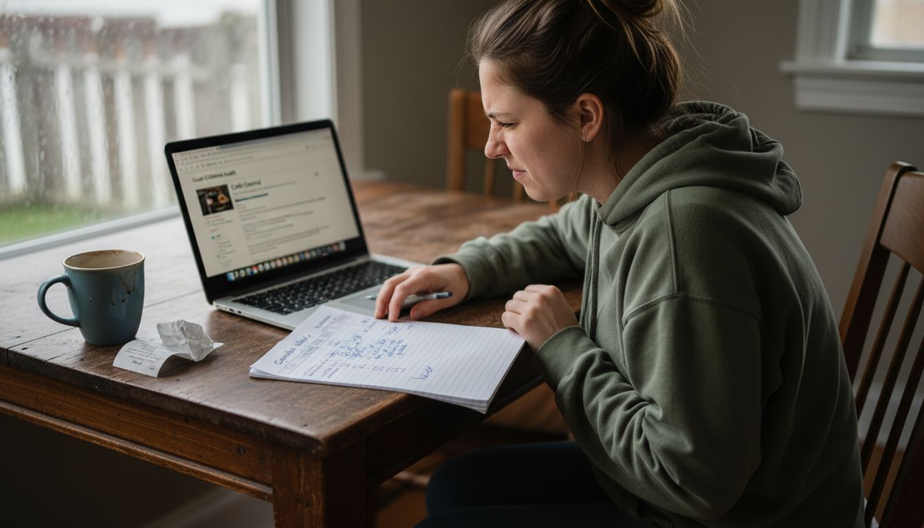 Woman cross-checks website citations at table