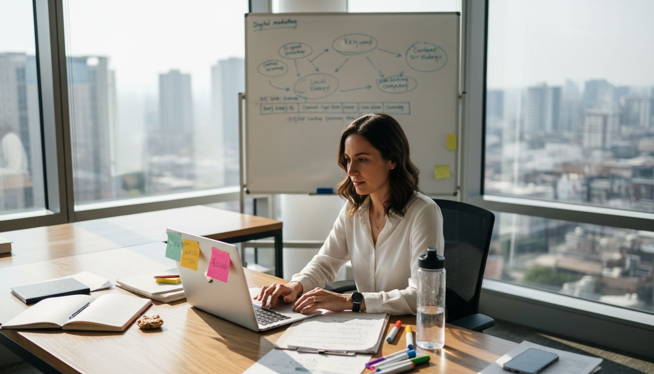 Marketing strategist plans SEO content at office desk