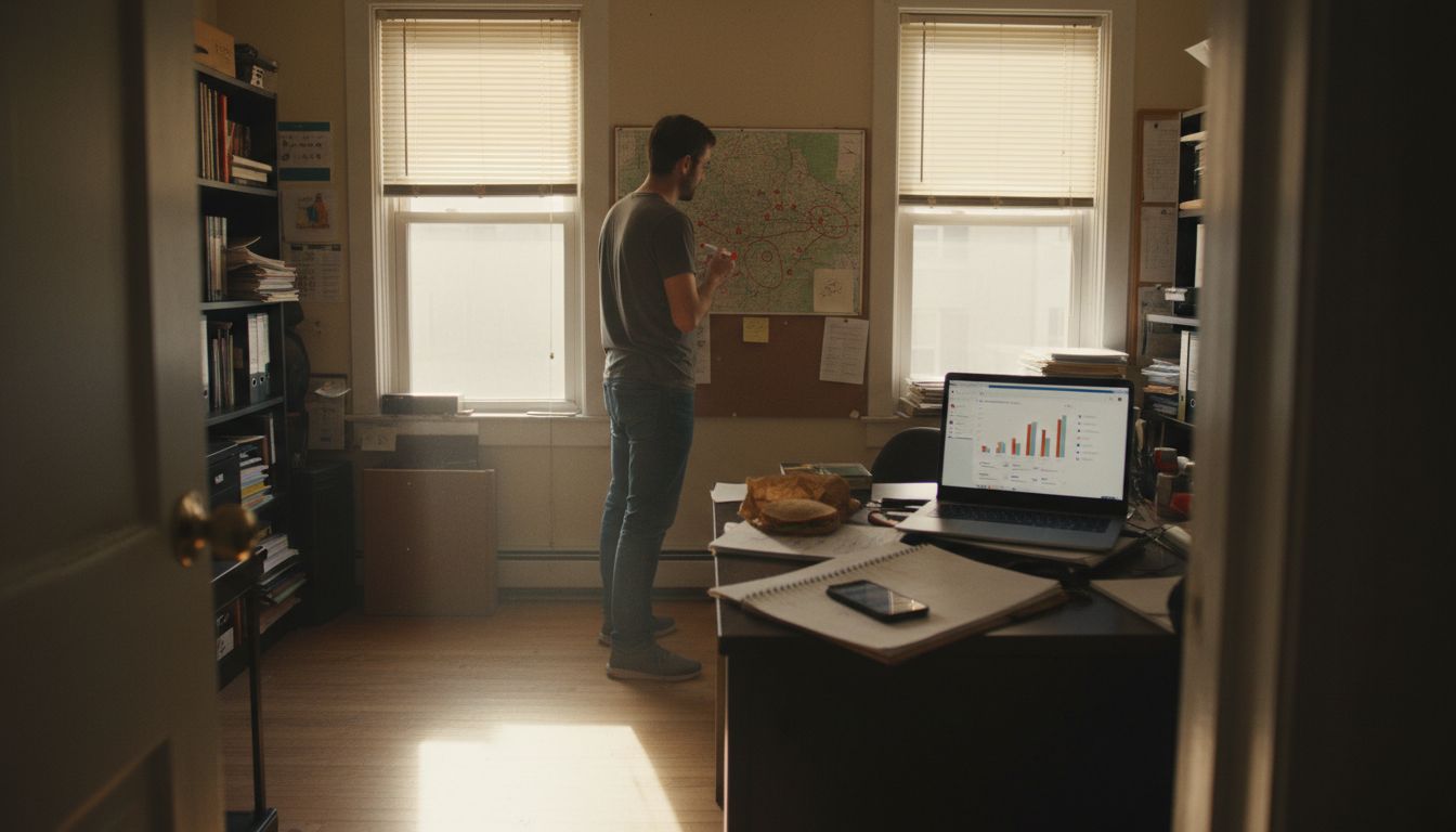 Marketer planning local SEO strategy in corner office