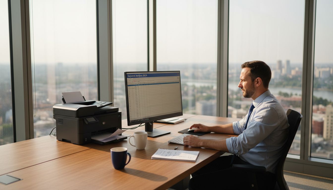 SEO specialist reviewing keyword spreadsheet in city office