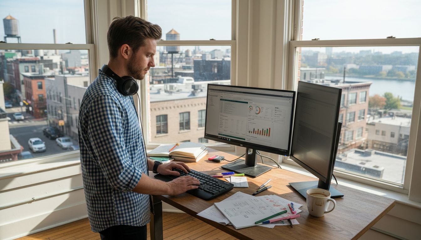 SEO expert at desk in bright city office