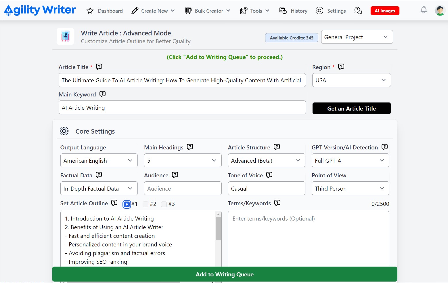 Agility Writer Advanced Mode Interface