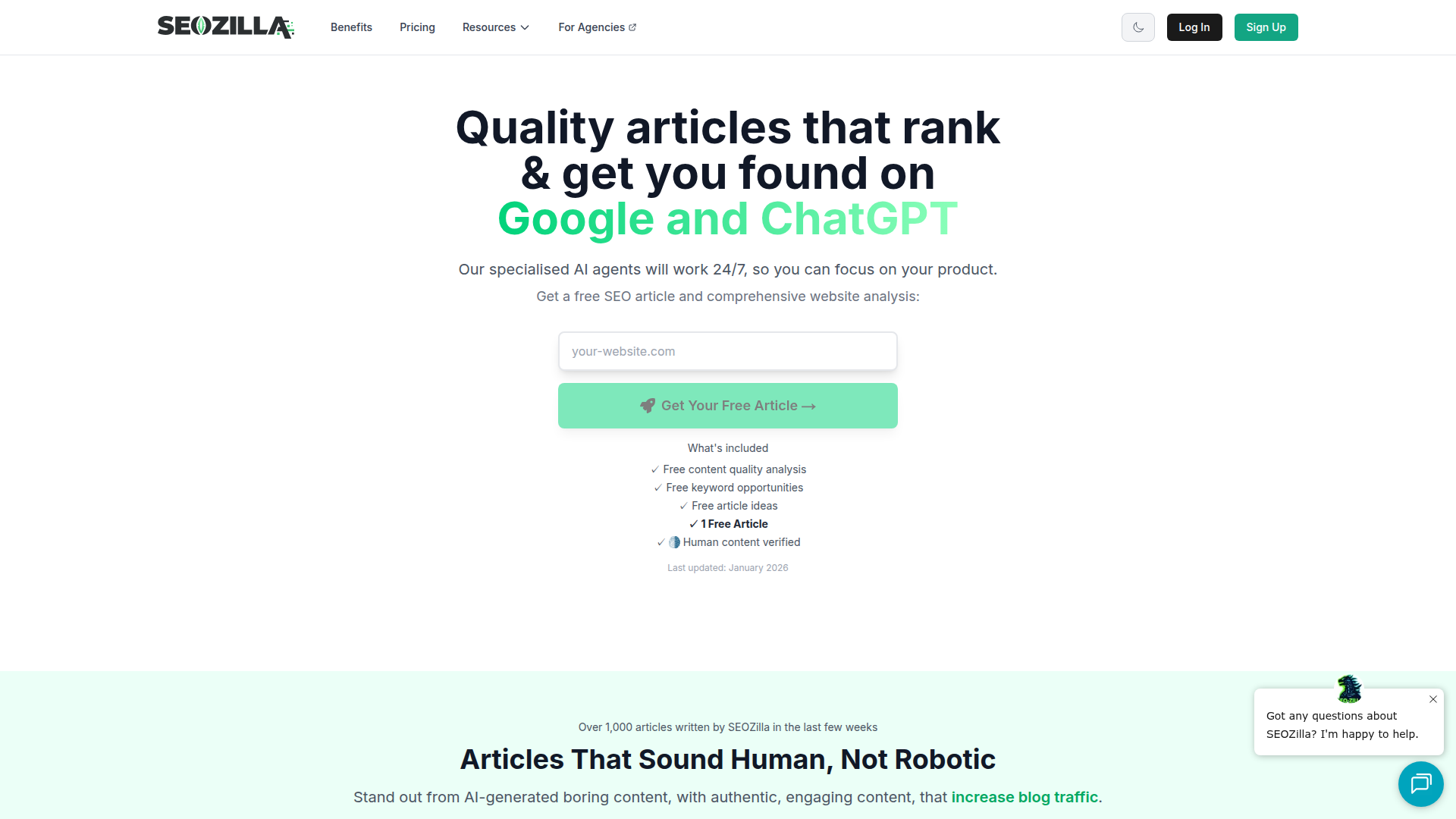 Seozilla AI Review - Homepage Screenshot