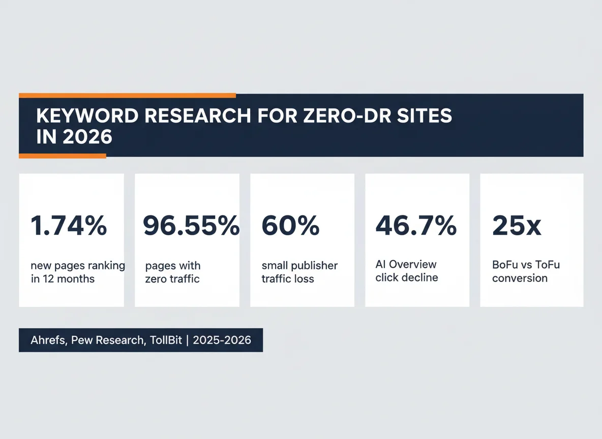 Statistics infographic — keyword research for zero-DR sites in 2026 with 1.74%, 96.55%, 60%, 46.7%, 25x