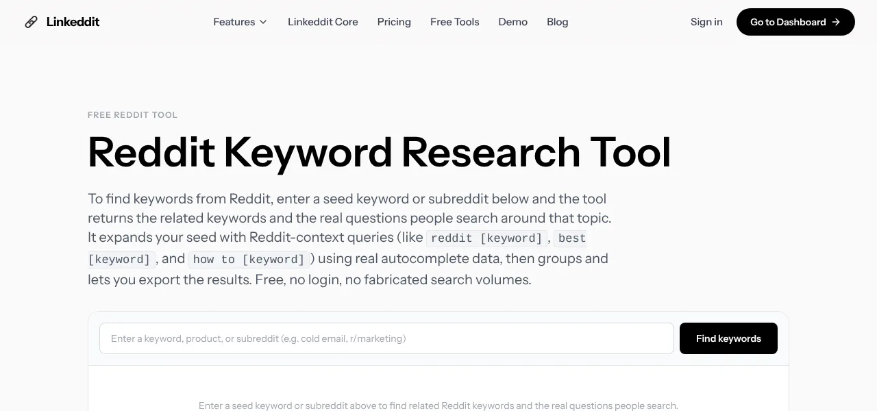 Linkeddit Reddit Keyword Tool screenshot