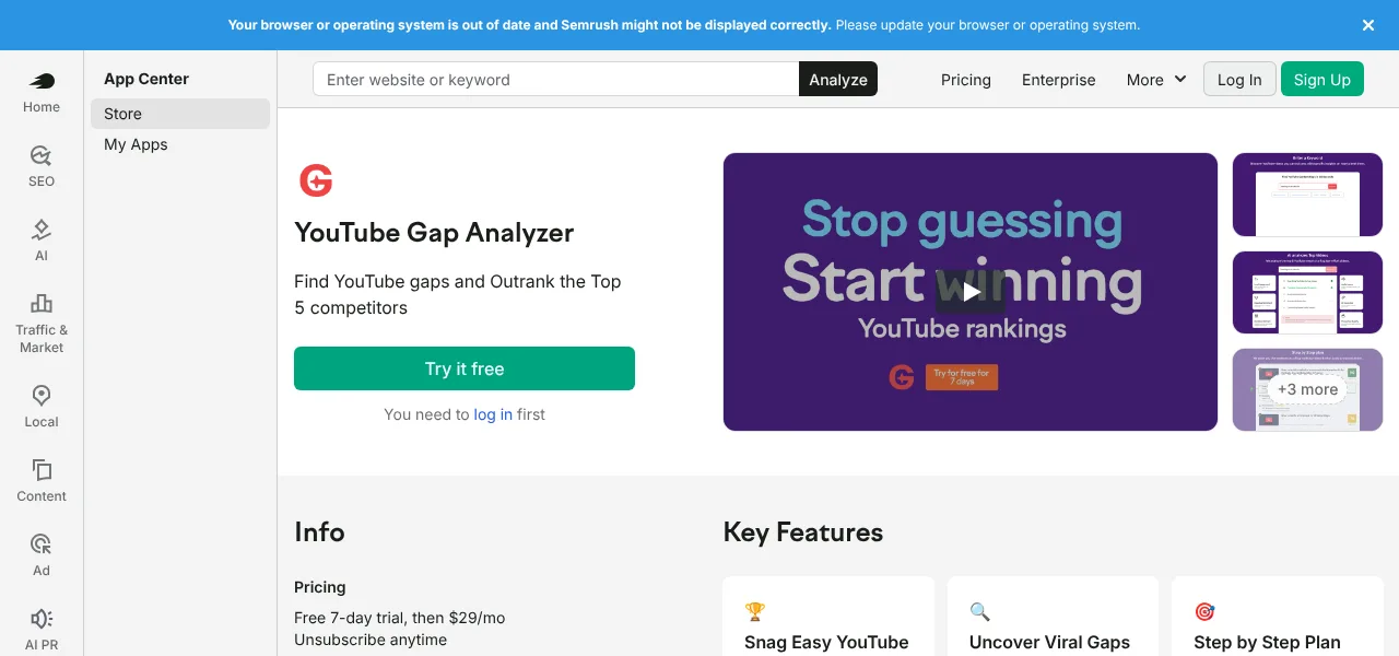 Semrush YouTube Gap Analyzer screenshot